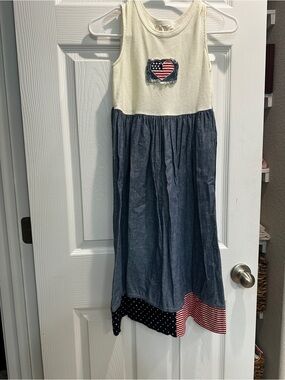 Bonnie Jean Cream and Blue Sleeveless Patchwork Dress with Flag Heart